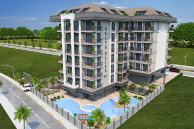 Alanya əmlakının 1+1 və 2+1 mənzil planlarını balkonlarla nümayiş etdirən mərtəbə planı.