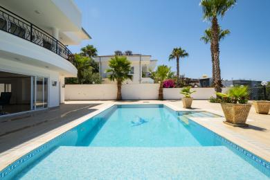 Alanya villa eksteriør med et lyseblått svømmebasseng, palmer og en solrik, luksuriøs atmosfære.
