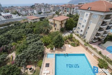 Alanya mulkidagi ko'rinishda "FOKUS" so'zi yozilgan hovuz, atrofida serhosil ko'katlar va shahar manzaralari mavjud.