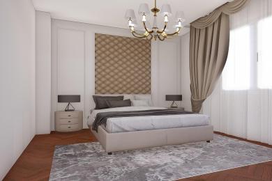 Spavaća soba u Alanji sa taftovanim uzglavljem, elegantnim lusterom i mekom, neutralnom paletom boja koja stvara mirnu atmosferu.