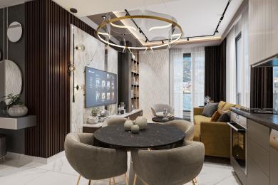 Alanya Immobilie: Modernes Wohnzimmer mit einer Marmor Akzentwand, stilvoller Beleuchtung und einer komfortablen, einladenden Atmosphäre.