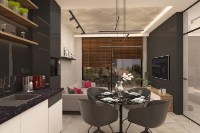 Moderne eetruimte in een woning in Alanya met marmeren tafel, strakke verlichting en toegang tot het balkon, waardoor een heldere, stijlvolle sfeer ontstaat.