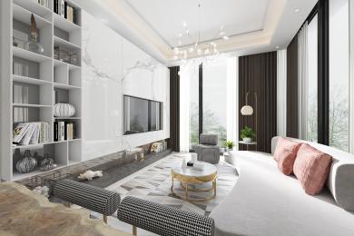 Alanya onroerend goed woonkamer met marmeren muren, moderne verlichting en een heldere, luxueuze sfeer met grote ramen.