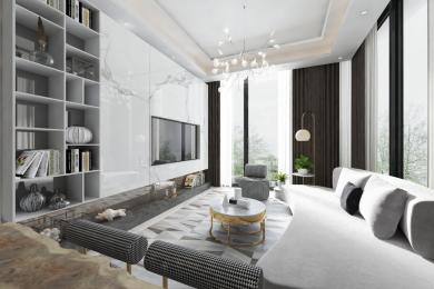 Alanya onroerend goed woonkamer met marmeren muren, ingebouwde stellingen, moderne verlichting en een heldere, luchtige sfeer.