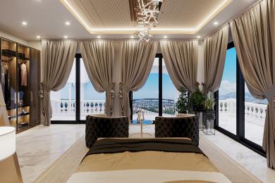 Alanya fastighet sovrum med balkongvy, marmorgolv, eleganta gardiner och en lyxig, ljus atmosfär.