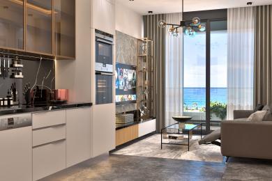 Living modern într-un apartament din Alanya, cu o bucătărie deschisă, accente de marmură, vedere la ocean și iluminat elegant.