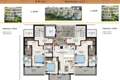 Tlocrt penthousea u Alanji koji prikazuje tri spavaće sobe, dnevni boravak, kuhinju, balkone i podove poput mramora, stvarajući luksuznu atmosferu.