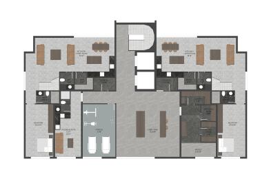Pôdorys nehnuteľnosti v Alanyi zobrazuje dva apartmány s kuchyňou, obývacou izbou, spálňami, fitness centrom a ďalšími priestormi.